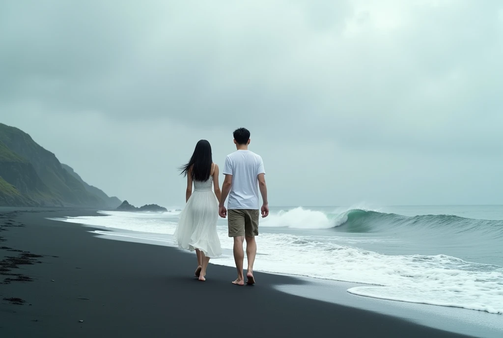 High Resolution, Masterpiece, Accurate, Best Quality, Detail, High Quality, realistic photo. A young 20 years old asian women, long dark hair, white skin, wearing a white long dress, height: 155 cm, weight: 45 kg. A 2 man, short hair, white skin, wearing a white t-shirt, height: 160 cm, weight: 55 kg. They are walking on a black sand beach. The man is wearing a white shirt and khaki shorts, while the woman is in a white dress. They are walking towards the ocean, with the waves crashing onto the shore. The sky is cloudy and the horizon is visible in the background. The couple appears to be in a peaceful and serene mood. The overall mood of the image is romantic and intimate.