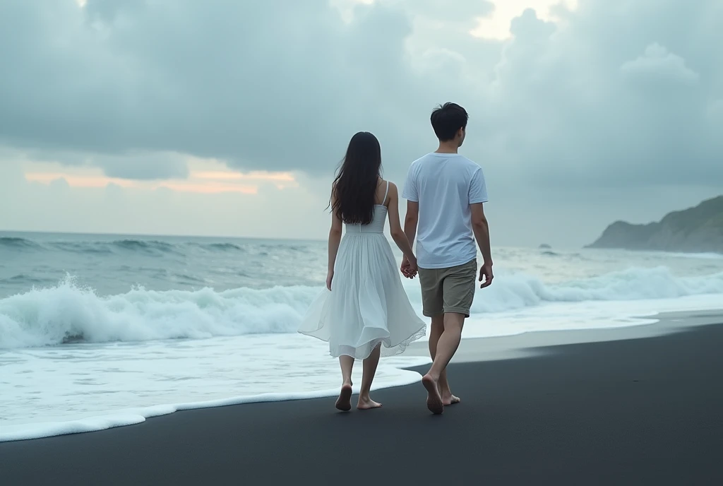 High Resolution, Masterpiece, Accurate, Best Quality, Detail, High Quality, realistic photo. A young 20 years old asian women, long dark hair, white skin, wearing a white long dress, height: 155 cm, weight: 45 kg. A 2 man, short hair, white skin, wearing a white t-shirt, height: 160 cm, weight: 55 kg. They are walking on a black sand beach. The man is wearing a white shirt and khaki shorts, while the woman is in a white dress. They are walking towards the ocean, with the waves crashing onto the shore. The sky is cloudy and the horizon is visible in the background. The couple appears to be in a peaceful and serene mood. The overall mood of the image is romantic and intimate.