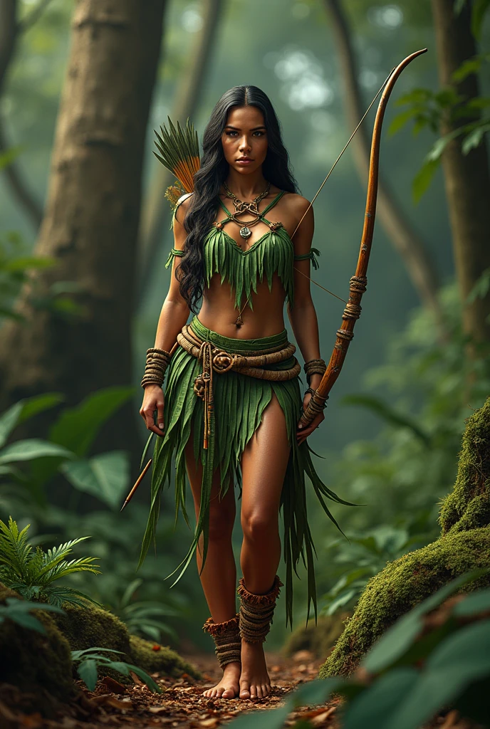 (photorealism 1:2) full body indigenous woman, holding bow and arrow in the woods. show this woman&#39;s feet. leaf garments. Feet on the ground. natural beautiful. 