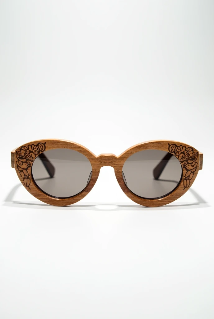 Wood made fancy eyewear with luxury touch, oval frame shape, with eye catching gravure design sculptures on the facade of the frame. Standing for the frame. isolated on white background 
