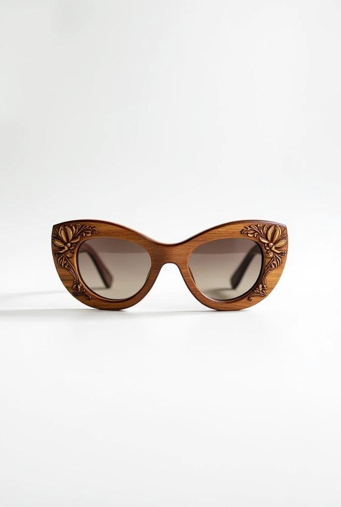 Wood made fancy eyewear with luxury touch, oval frame shape, with eye catching gravure design sculptures on the facade of the frame. Standing for the frame. isolated on white background 