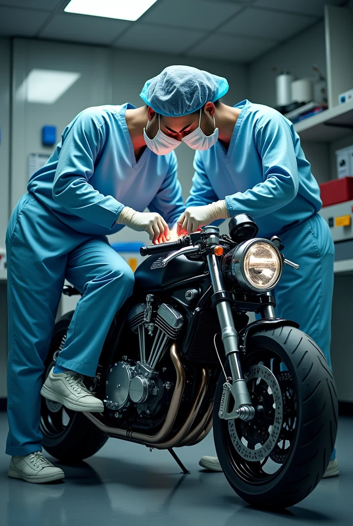 Logo of a doctor performing surgery on a motorcycle