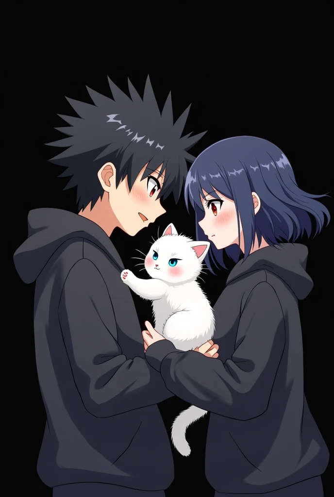 Anime boy ((( Spiky hair , black hair , black hoodie , red eyes , narrowed eye ))) , Anime girl ((( dark blue hair , modern day mullet hair style , black hoodie , red eyes , almond eye ))) blank black background , side view , playing with a cat (white cat , fluffy cat , cute cat , cat with blue eye)