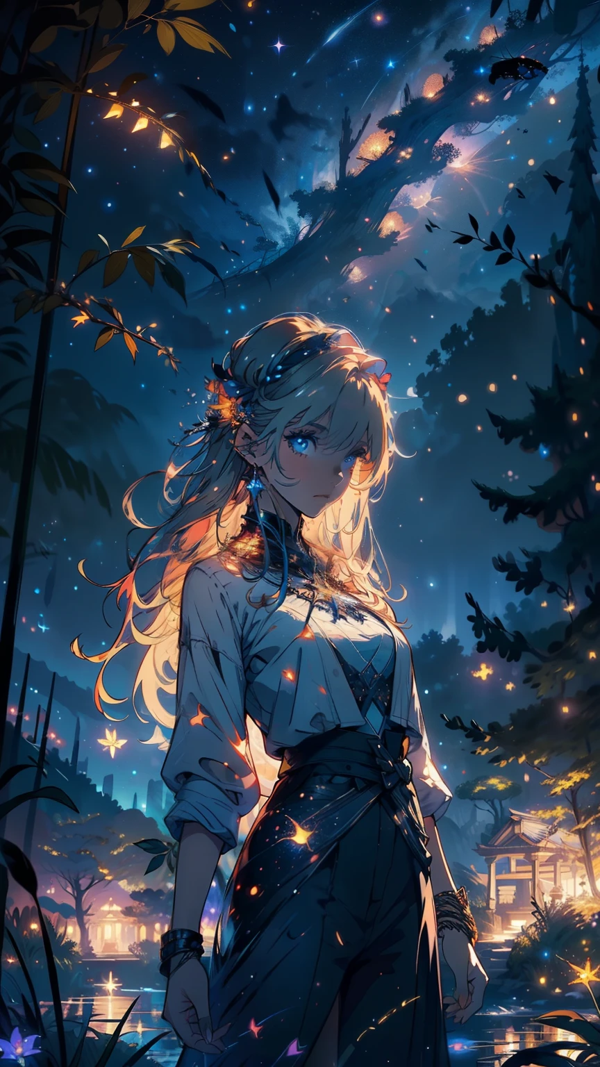 masterpiece, gorgeous, landscape, (((no_humans))), night, flowers, garden, starry sky, constelations, stunning, view, water, warm, cozy, peaceful, meteor, cosmic, magic, magicle, particles, faires, ((fireflies)), 8k