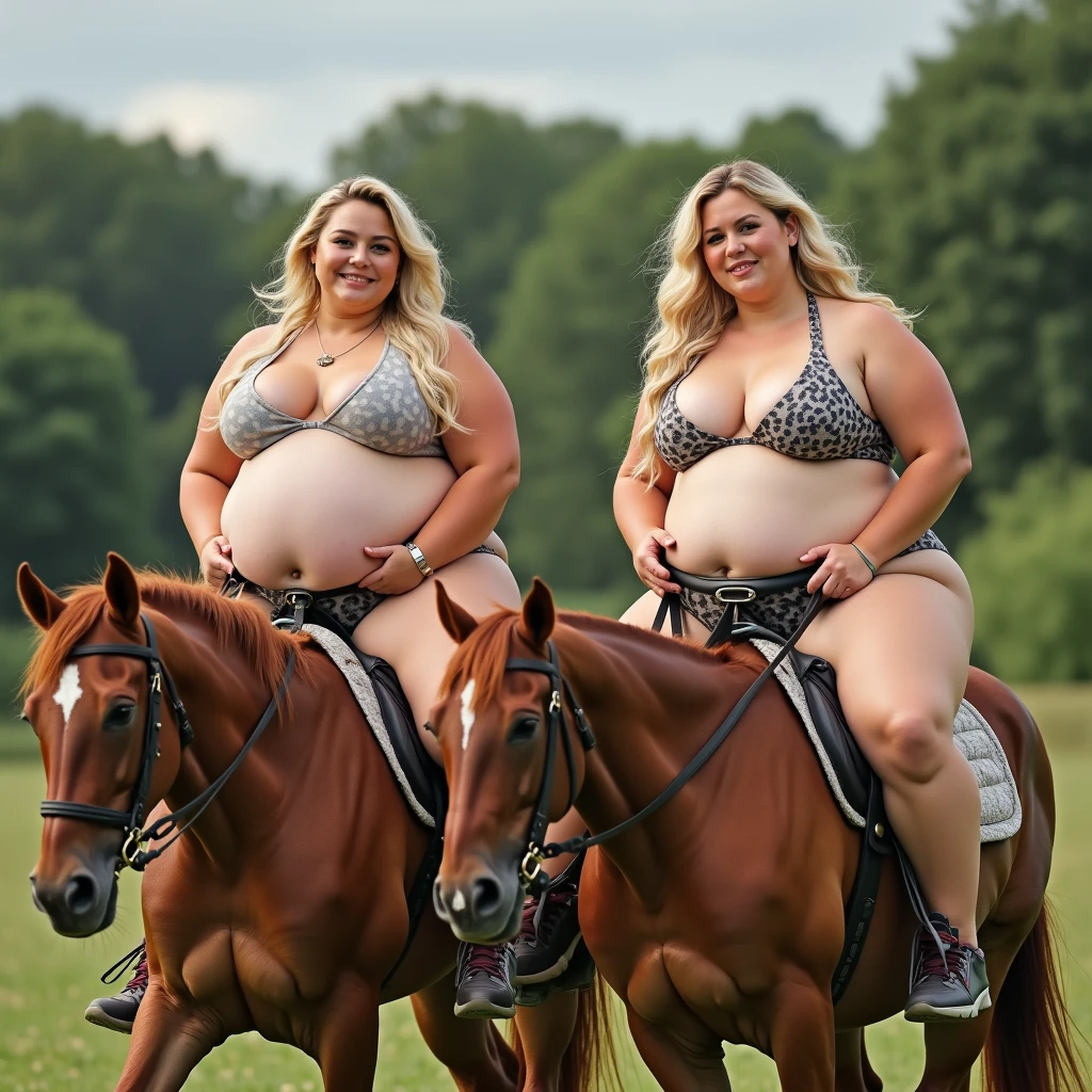 Two plus size model women have a lot of fat on their stomach and buttocks and weigh 200kg, they gained weight by eating too much, they are blonde haired obese women with very big stomach and buttocks, they are plus size models and their whole body is covered with a lot of fat, they are wearing colorful swimsuits and riding horses on the beach, 4K quality