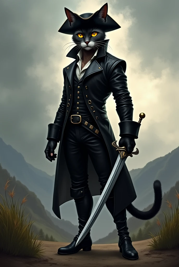 Puss in black boots and a hat and a sword