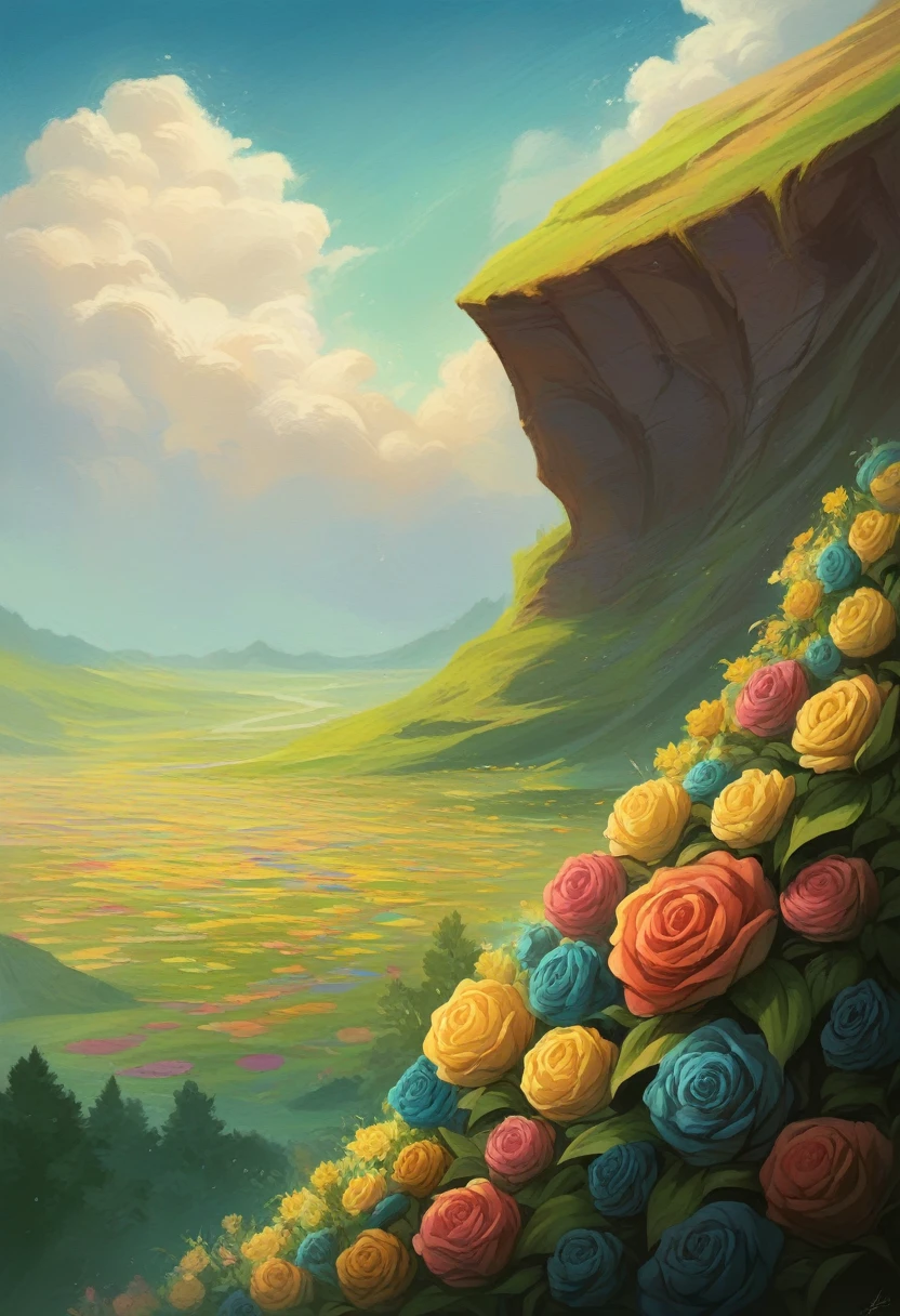 Many flowers on the cliff, Colorful flowers, Beautiful sky, Matte painting 8k, Matte Paint 8K, Portrait Wallpaper 8K, Portrait Wallpaper 8K, Portrait Wallpaper 4K, Portrait Wallpaper 4K, The Lost Series, realistic fantasy render, 8K resolution digital painting, 8K resolution digital painting, Jessica Rossier Fantasy Art, 4K rendered matte painting, Matte paintings rendered in 3D