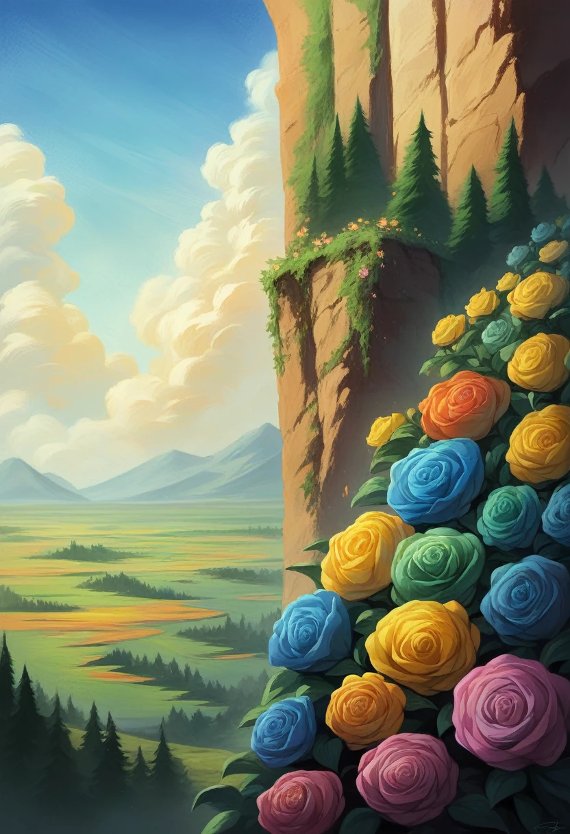 Many flowers on the cliff, Colorful flowers, Beautiful sky, Matte painting 8k, Matte Paint 8K, Portrait Wallpaper 8K, Portrait Wallpaper 8K, Portrait Wallpaper 4K, Portrait Wallpaper 4K, The Lost Series, realistic fantasy render, 8K resolution digital painting, 8K resolution digital painting, Jessica Rossier Fantasy Art, 4K rendered matte painting, Matte paintings rendered in 3D