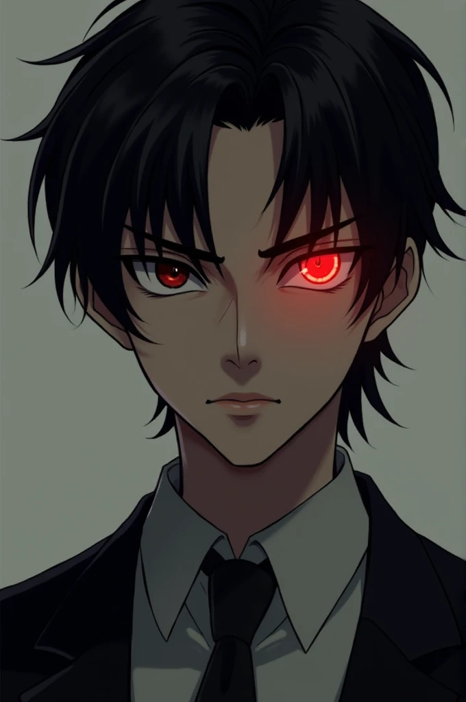 Male, black hair, red eye, 23 years, serius, tern, red eye, not gay