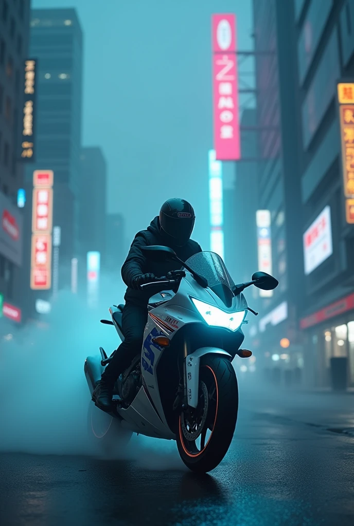 Honda 125  at night in ghost mode fog Cyber city

