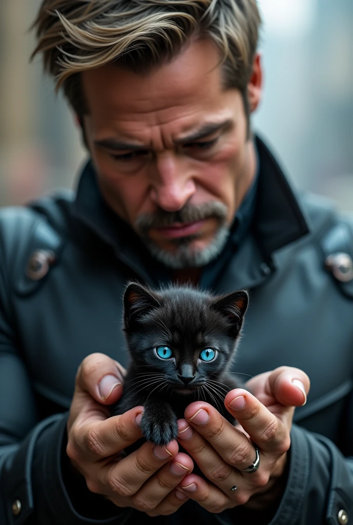 a superhero similar to Brad Pitt in his 2 holds in his hands a very small black kitten with blue eyes