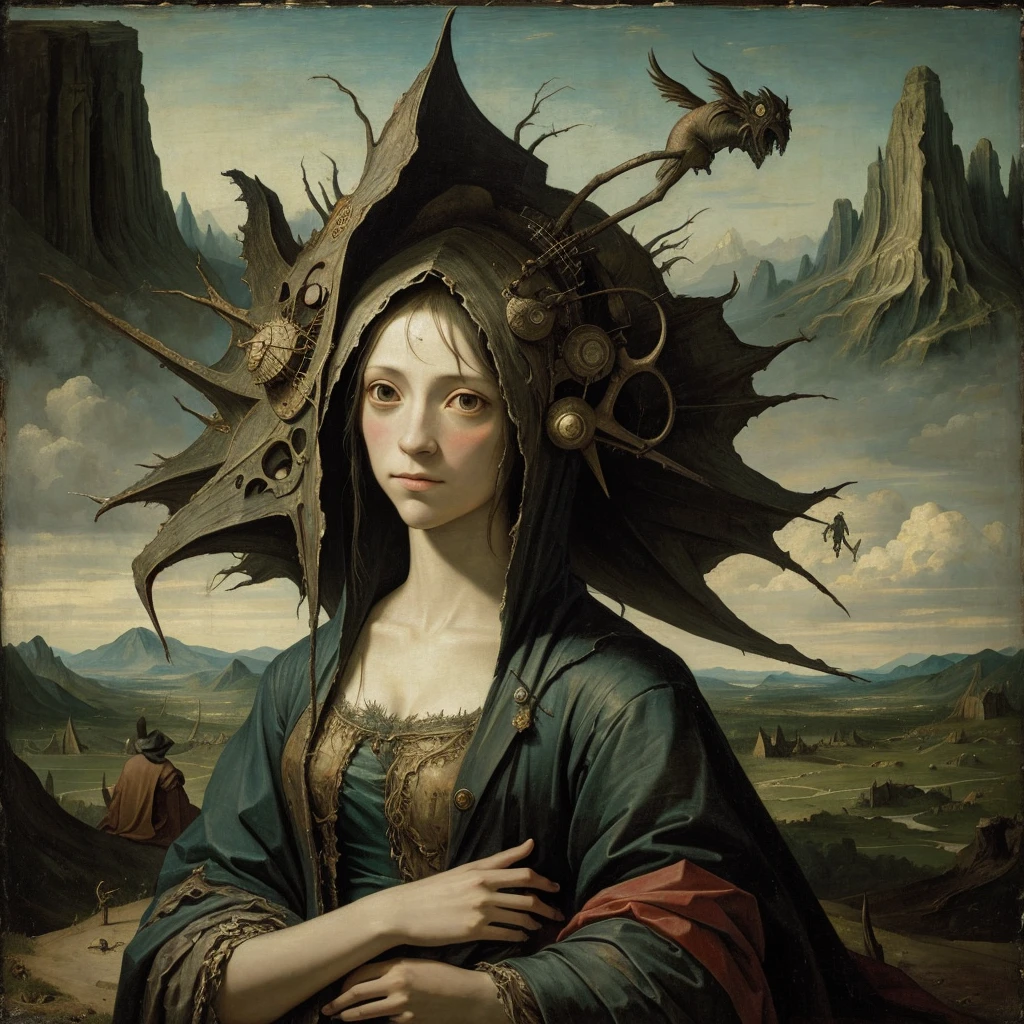 female monster, in torn clothes, portrait, inspired by the painting of Hieronymus Bosch, against the background of a surrealist landscape