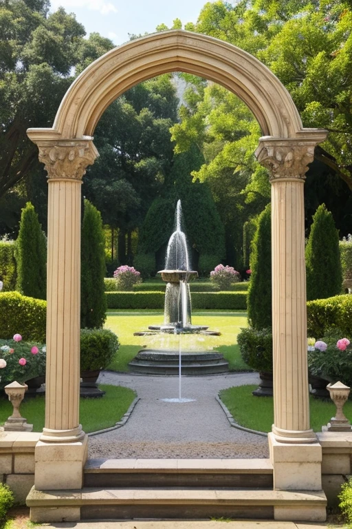 Gothic architecture、Wooden buildings、There is a little yellow、antique、Large garden and fountain、Victorian atmosphere、The arch is open and the path leads to the entrance. The garden has a fountain, flowers, arches and plaster statues.、More of the whole thing please、Gothic castle feel!Yellow and brown、wood、Teddy bear walking