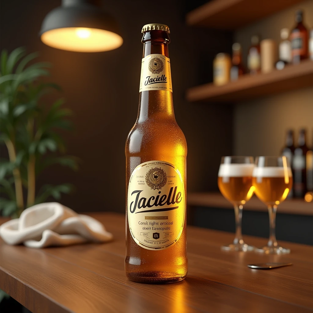 Create a hyper-realistic image of a long neck beer bottle, with commercial appearance. The bottle must be made of clear glass., highlighting the golden, effervescent color of the beer, and it must look very cold, with condensation droplets visible on the surface. The finish of the bottle should be shiny and clean, with subtle reflections and soft lighting.The label must display the name "Jacielle" in a stylized, modern font, centralized and prominent. Label design should be sophisticated, with elegant details and a pattern that complements the glass.Include the hand of a thin black man holding the bottle, so that the hand feels natural and wraps around the bottle with a subtle touch. The scene should include typical elements of a bar, such as a polished wood surface and other bar accessories, like beer glasses or an opener. The background should resemble a cozy and modern bar., with soft ambient lighting to create an inviting atmosphere. Add details like bottles or glasses in the background and a soft spotlight on the beer bottle to make it stand out..high resolution, precise, HD Model, high qualiy, best qualityer, OctaneRender 8K, 3D rendering, 