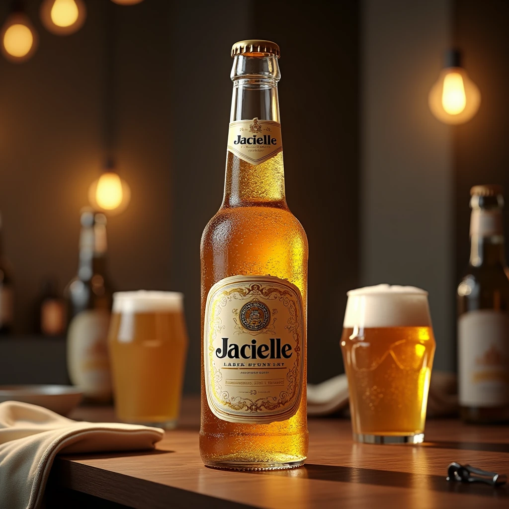 Create a hyper-realistic image of a long neck beer bottle, with commercial appearance. The bottle must be made of clear glass., highlighting the golden, effervescent color of the beer. The finish of the bottle should be shiny and clean, with subtle reflections and soft lighting.The label must display the name "Jacielle" in a stylized, modern font, centralized and prominent. Label design should be sophisticated, with elegant details and a pattern that complements the glass.The scene should include typical elements of a bar, like a polished wooden surface, beer glasses, and maybe some bar accessories, like openers or a bar towel. Add a background ambiance that resembles a cozy, modern bar, with soft ambient lighting to create an inviting atmosphere. Include details like bottles or glasses in the background and a soft spotlight on the beer bottle to highlight the product..high resolution, precise, detail, details altos, high qualiy, OctaneRender 8K, 3D rendering,