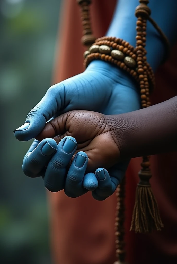 Aesthetic closeup photo of one hand of Shiva's blue hand having rudraksha maala around it grabbing eachother a small child's (24 years- brown indian hand) one hand with dark blur background. Image of a hand interlocked with one hand