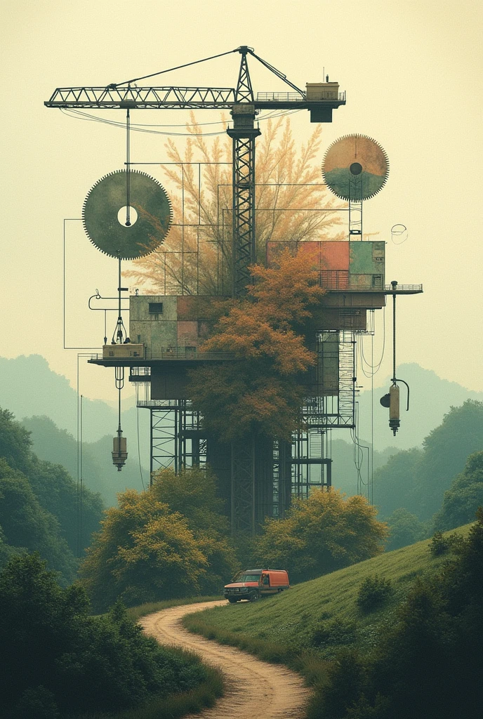 image with symbols representing construction, sons de lofi, naturey, innovate, To produce, symbols of the past