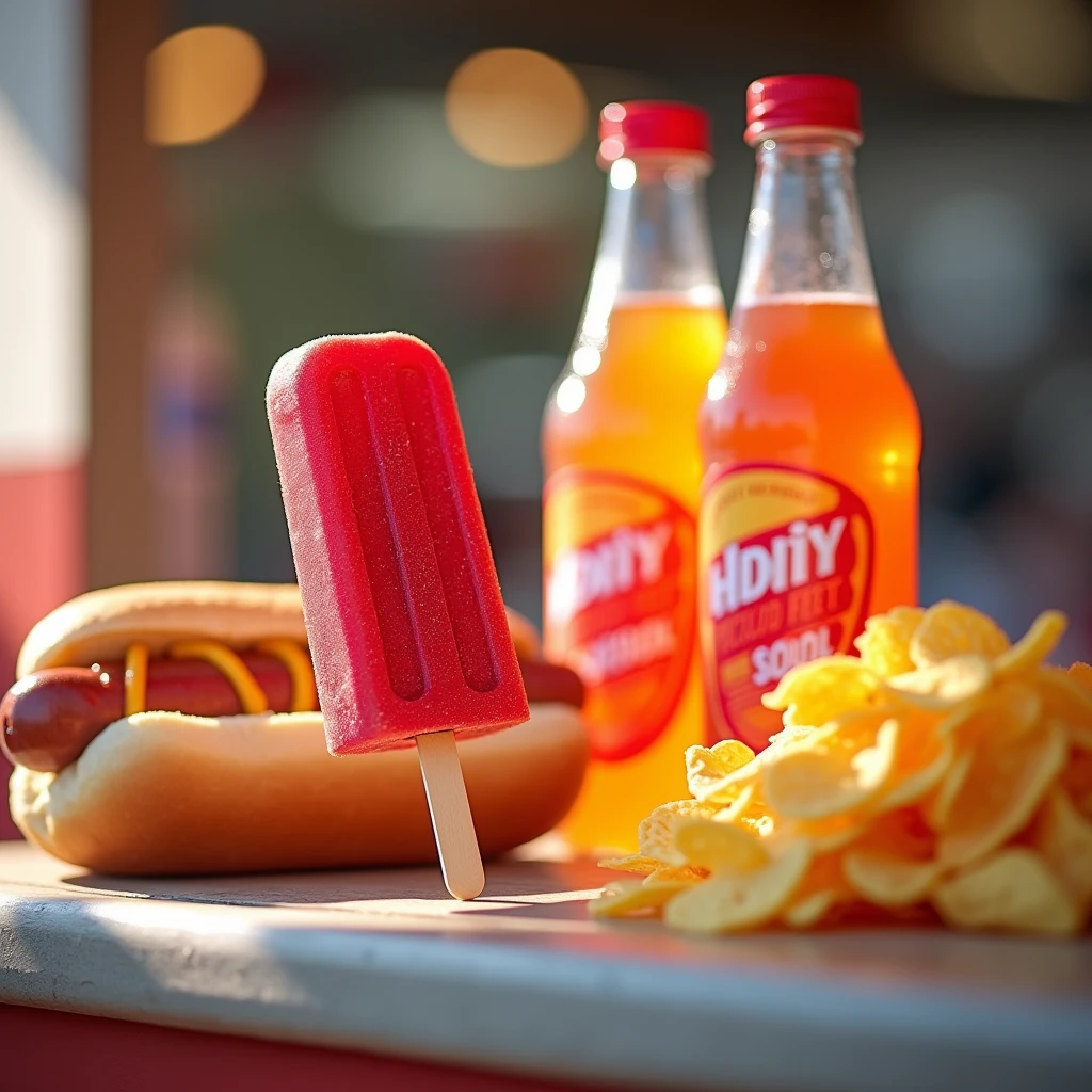 A close-up, photorealistic shot of a food stand's counter showcasing several items: a bright red popsicle, two bottles of orange soda with vibrant labels, a hot dog with ketchup and mustard, and a pile of crispy nacho chips. The items are arranged in a visually appealing way, with soft shadows and natural lighting.