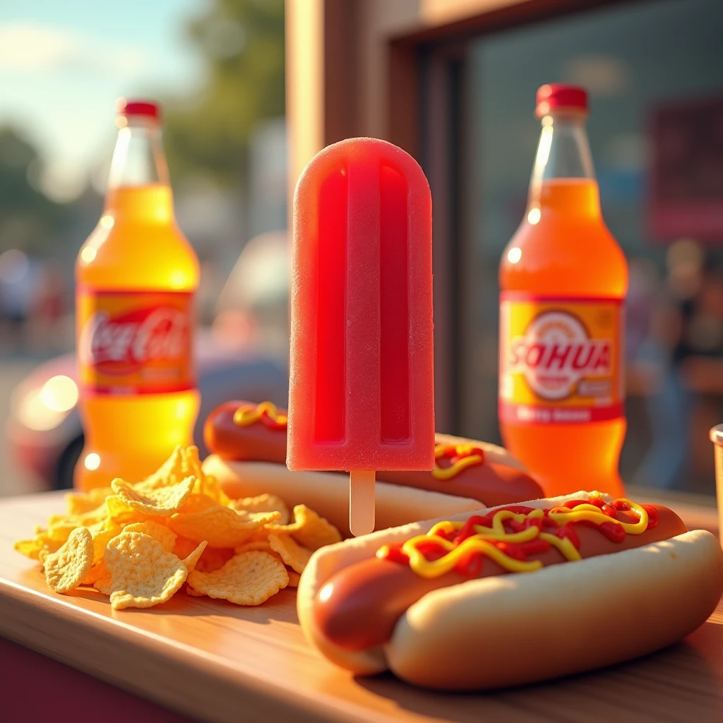 A close-up, photorealistic shot of a food stand's counter showcasing several items: a bright red popsicle, two bottles of orange soda with vibrant labels, a hot dog with ketchup and mustard, and a pile of crispy nacho chips. The items are arranged in a visually appealing way, with soft shadows and natural lighting.