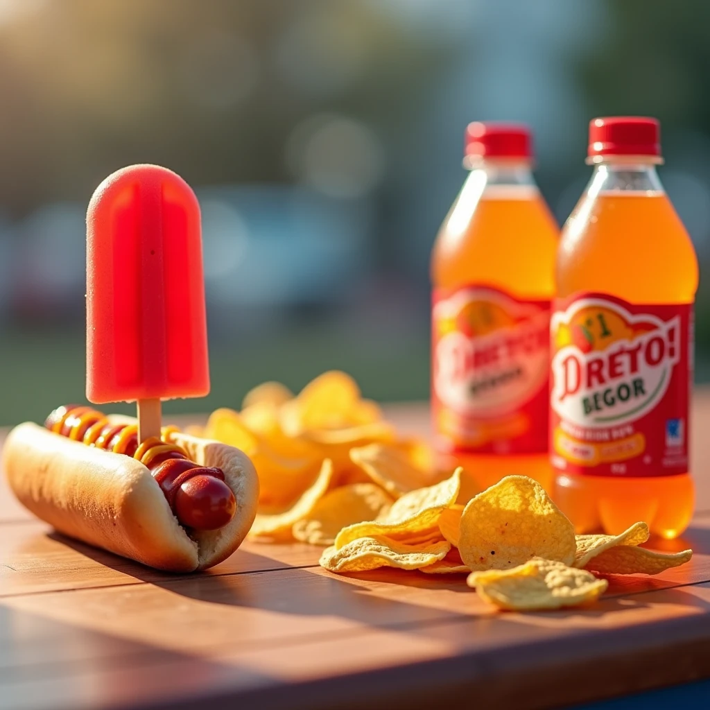 A close-up, photorealistic shot of a food stand's counter showcasing several items: a bright red popsicle, two bottles of orange soda with vibrant labels, a hot dog with ketchup and mustard, and a pile of crispy nacho chips. The items are arranged in a visually appealing way, with soft shadows and natural lighting.