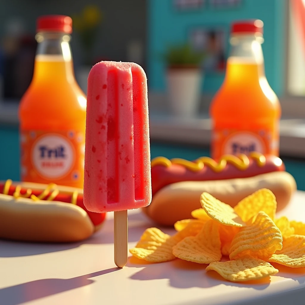 A close-up, photorealistic shot of a food stand's counter showcasing several items: a bright red popsicle, two bottles of orange soda with vibrant labels, a hot dog with ketchup and mustard, and a pile of crispy nacho chips. The items are arranged in a visually appealing way, with soft shadows and natural lighting.