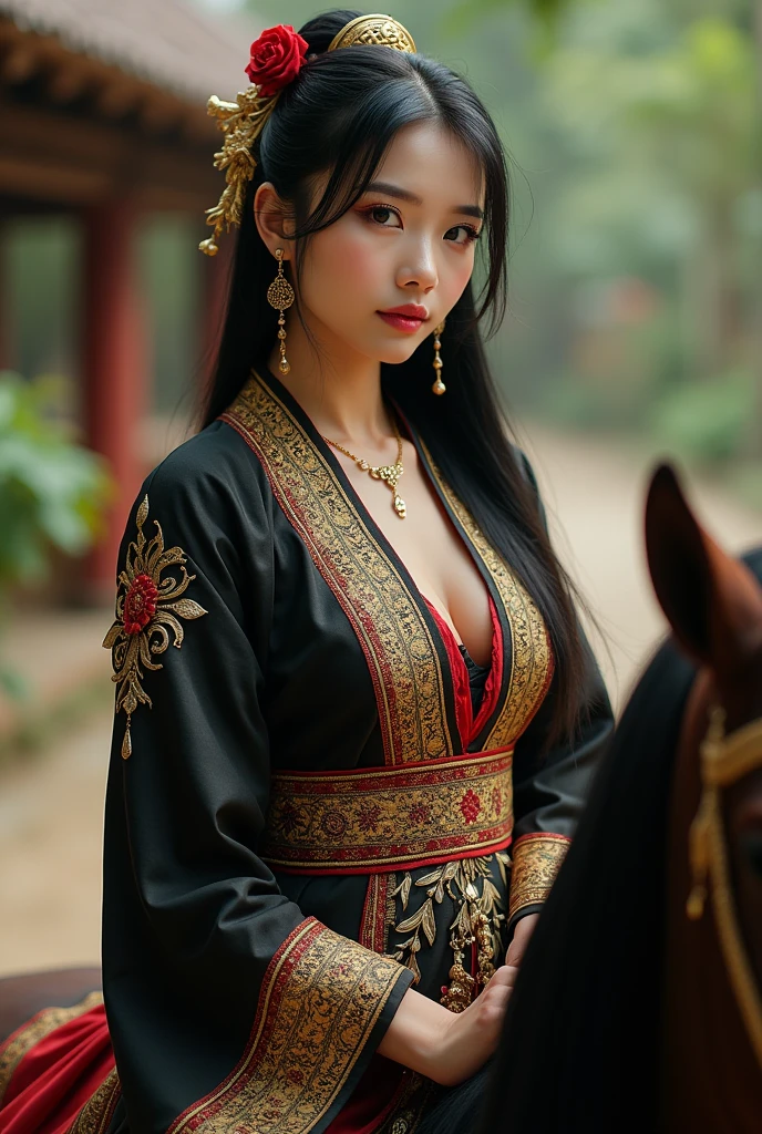 (full body shot:1) photorealistic image of a woman, ultrarealistic, photography, straight long black hair, asian woman, beautiful cute sexy asian 20 years old woman, hourglass figure, perfect body, Flirty look, natural big breasts, long eyelashes, cat eye make-up, double eyelids, sexy pose, erotic pose, seductive pose, big breasts, big tits, wearing a hmong traditional dress, hmong outfit, miao outfit, jewelries, miao vibrant gold and black traditional outfit, riding on a horse , bamboo house, sword