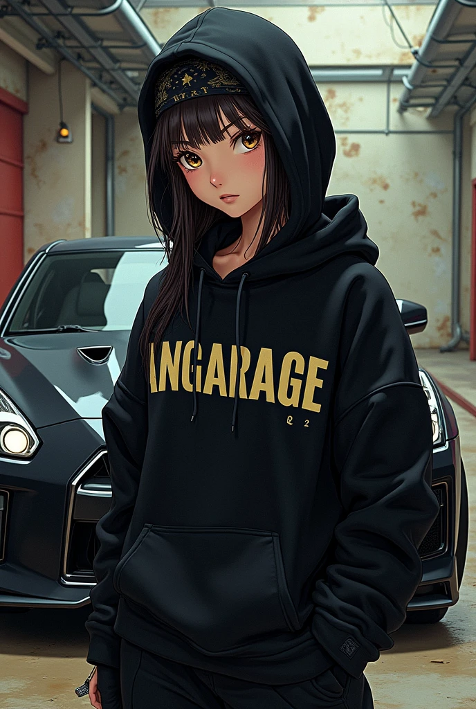 Gangsta girl with black bandana,black nissan gtr in background,angarage on hoodie text,manga