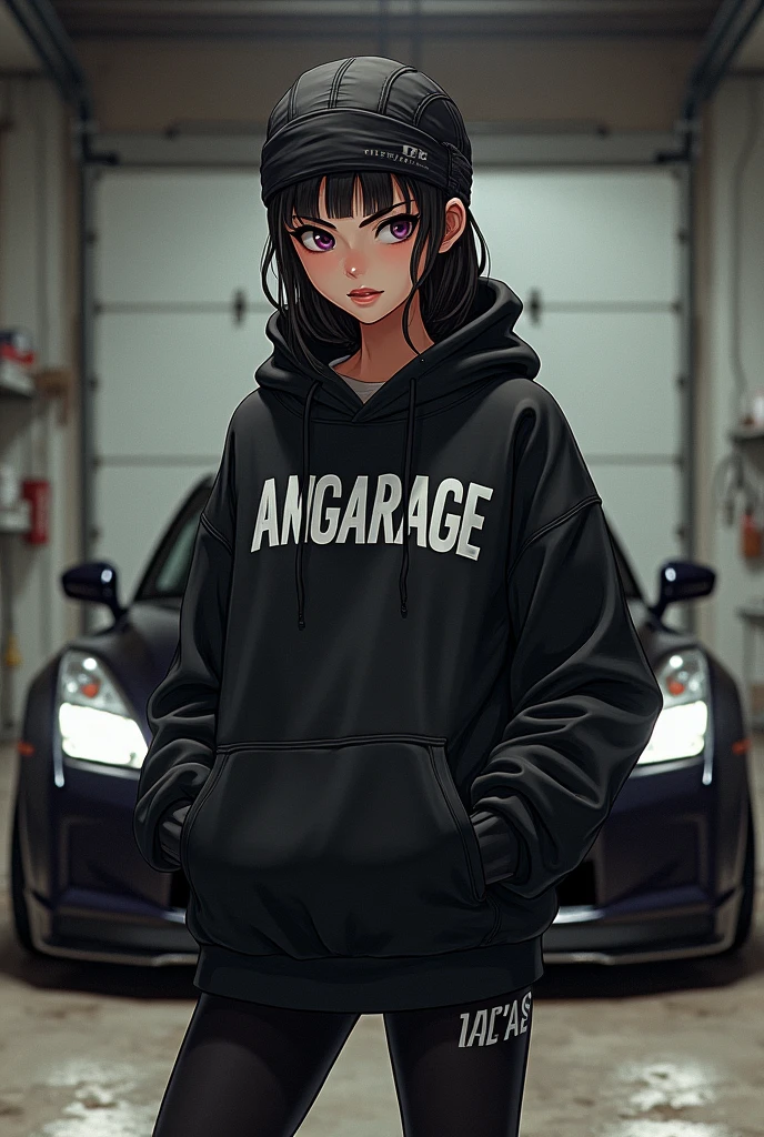 Gangsta girl with black bandana,black nissan gtr in background,angarage on hoodie text,manga