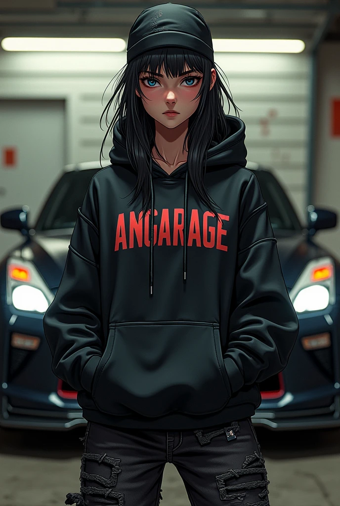 Gangsta girl with black bandana,black nissan gtr in background,angarage on hoodie text,manga