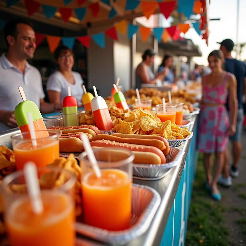 A wide-angle photo capturing a food stand at an outdoor event, with a display of items similar to those in the image: popsicles, orange sodas, hot dogs, and nacho chips. The stand is busy, with the colorful food and drinks attracting customers. The background includes festive decorations and people enjoying the event.