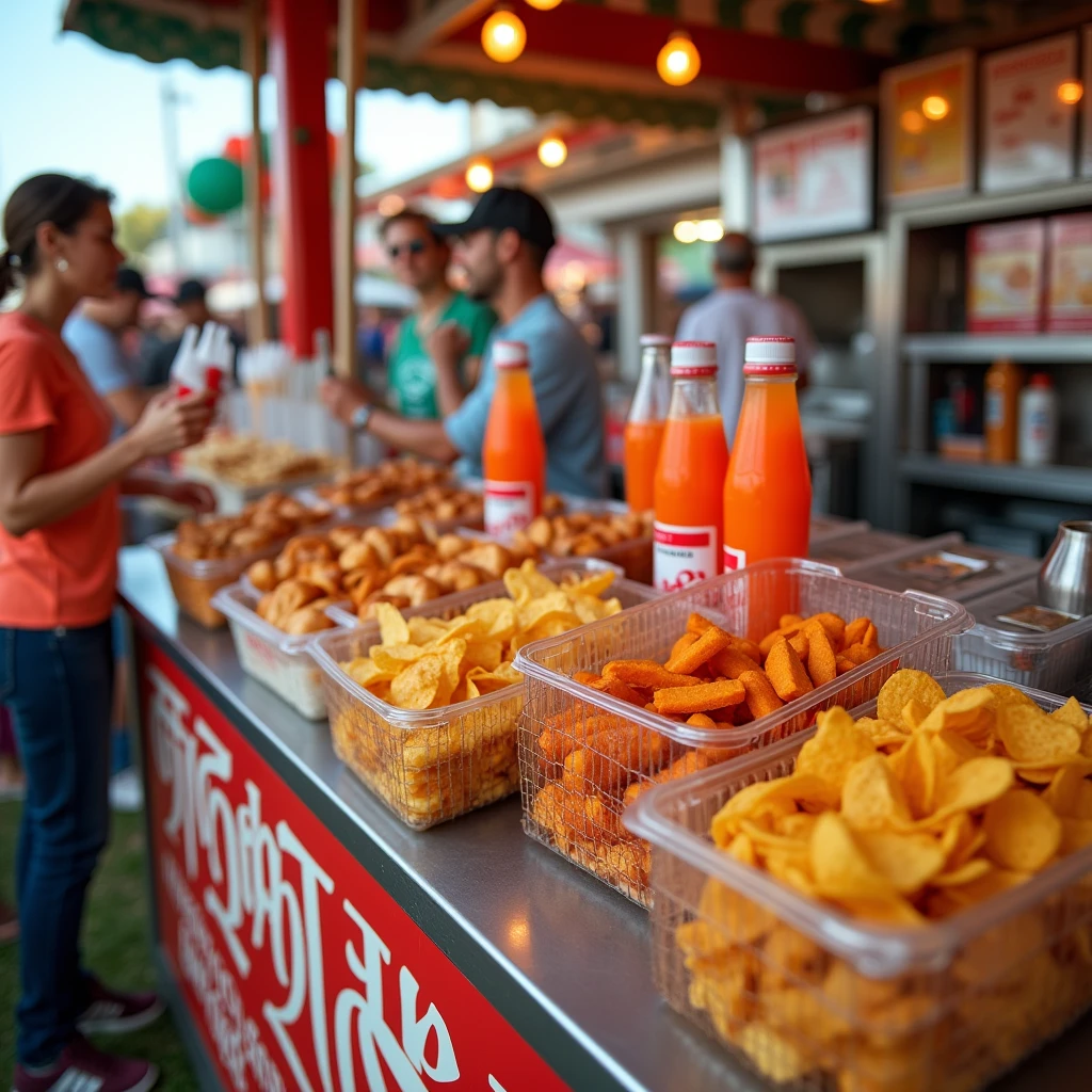 A wide-angle photo capturing a food stand at an outdoor event, with a display of items similar to those in the image: popsicles, orange sodas, hot dogs, and nacho chips. The stand is busy, with the colorful food and drinks attracting customers. The background includes festive decorations and people enjoying the event.