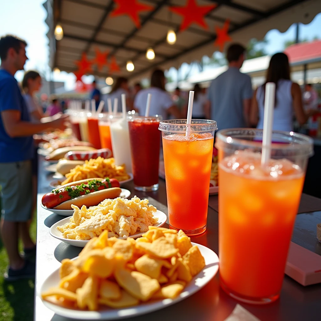 A wide-angle photo capturing a food stand at an outdoor event, with a display of items similar to those in the image: popsicles, orange sodas, hot dogs, and nacho chips. The stand is busy, with the colorful food and drinks attracting customers. The background includes festive decorations and people enjoying the event.