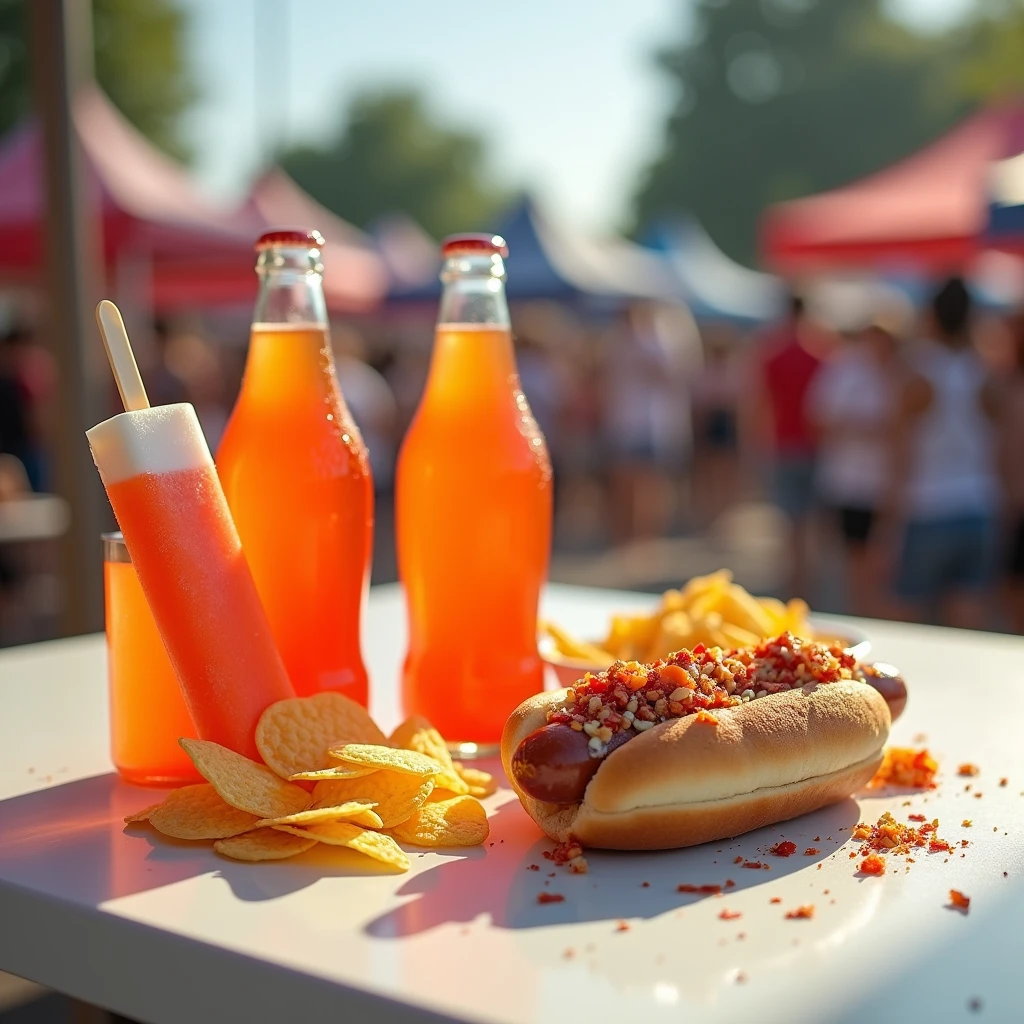 A photorealistic shot of a food stand table, featuring a variety of snacks and drinks, including a partially eaten popsicle, two bottles of orange soda, a hot dog with toppings, and a serving of nacho chips. The items are placed on a bright, clean surface, with a lively, outdoor event visible in the background.