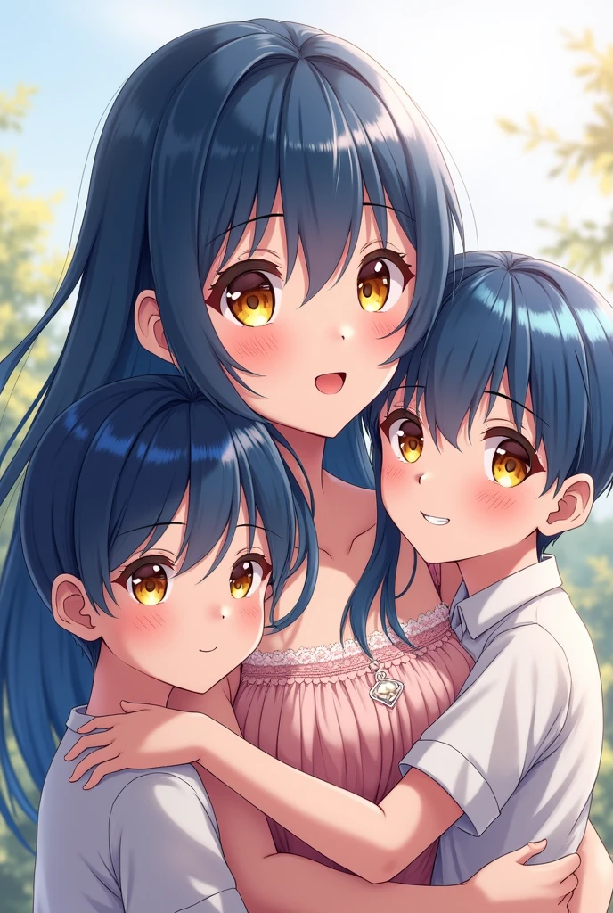 Dark Blue hair and golden eyes anime girl smile wearing dress with two brother with blue hair  