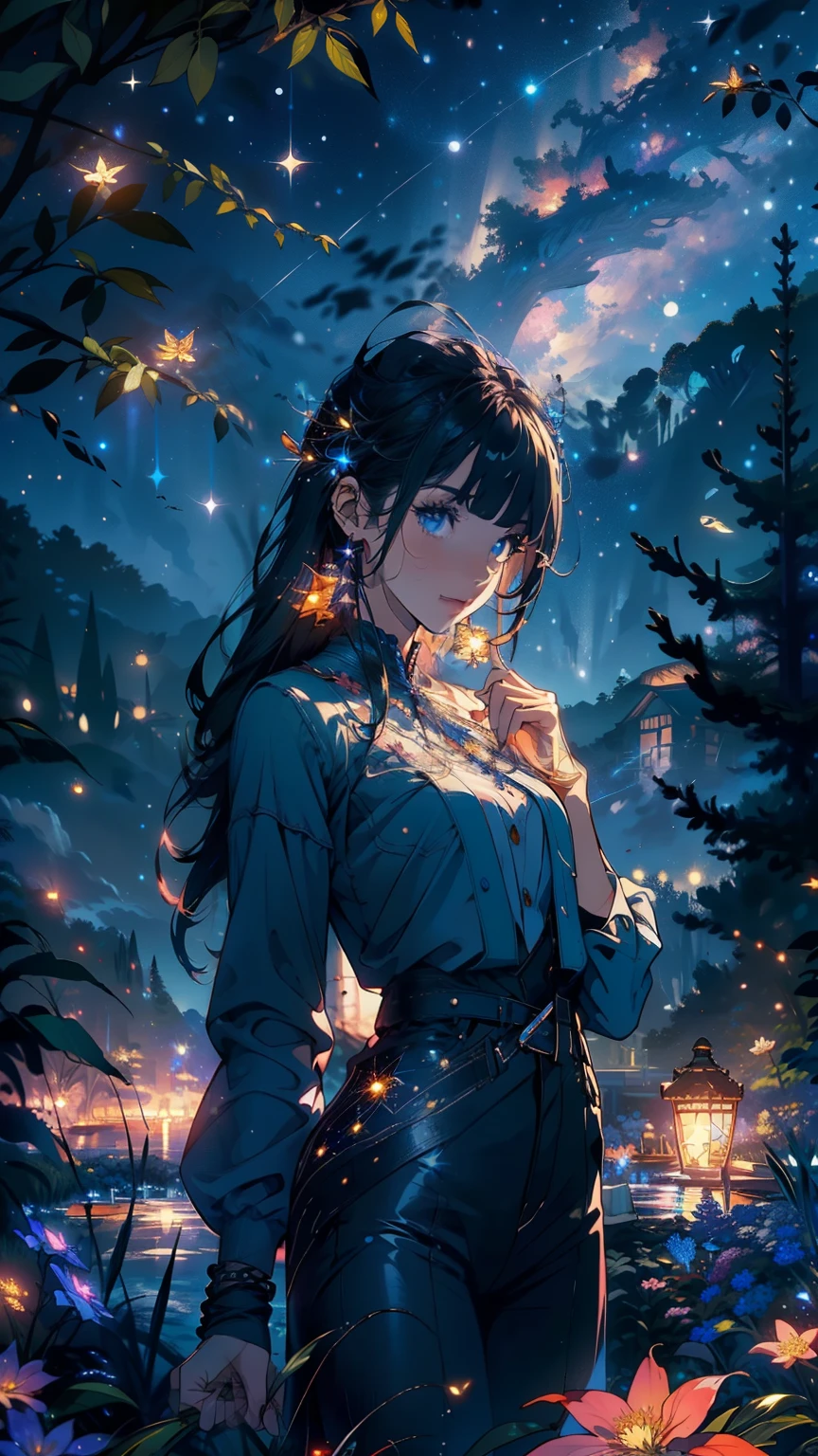 masterpiece, gorgeous, landscape, (((no_humans))), night, flowers, garden, starry sky, constelations, stunning, view, water, warm, cozy, peaceful, meteor, cosmic, magic, magicle, particles, faires, ((fireflies)), 8k