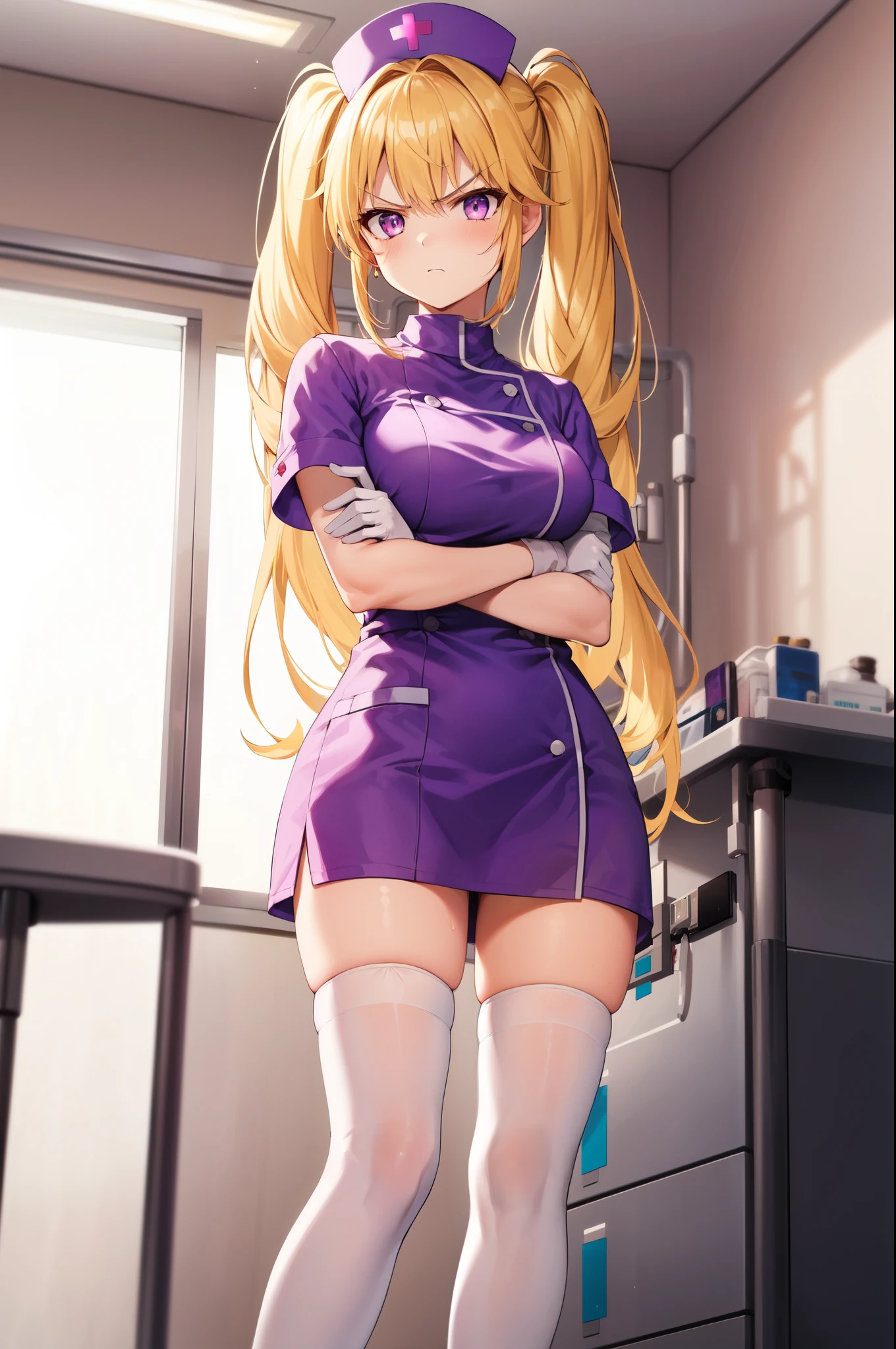 1girl, solo, nurse, nurse cap, white nurse uniform, ((white legwear, zettai ryouiki)), white gloves, twintails, yellow hair, purple eyes, angry, crossed arms, standing, ((hospital room)), sharp outline, short sleeves, best quality, masterpiece