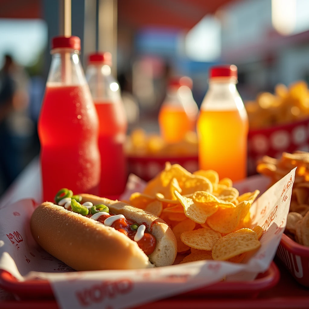A dynamic photo of a food stand at a fair, with a close-up of the counter displaying items such as a bright red popsicle, bottles of orange soda, a hot dog with condiments, and a stack of nacho chips. The image captures the vibrant colors and textures of the food, making them look fresh and appetizing.