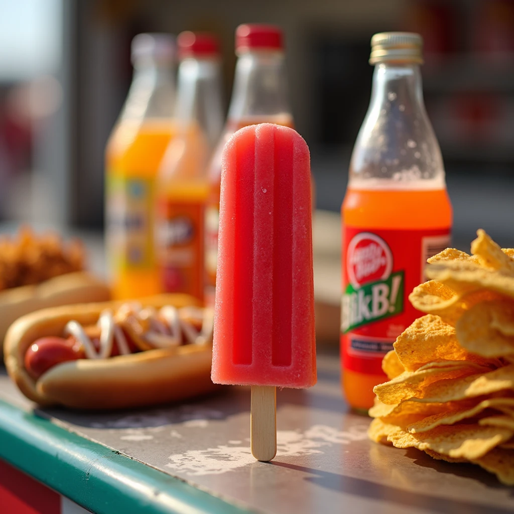 A dynamic photo of a food stand at a fair, with a close-up of the counter displaying items such as a bright red popsicle, bottles of orange soda, a hot dog with condiments, and a stack of nacho chips. The image captures the vibrant colors and textures of the food, making them look fresh and appetizing.