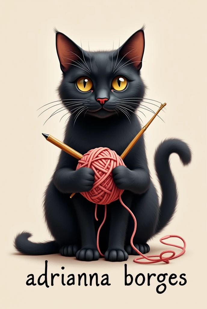 Realistic black cat logo holding a ball of thread and crochet hook with two paws, with the sign: Adrianna Borges