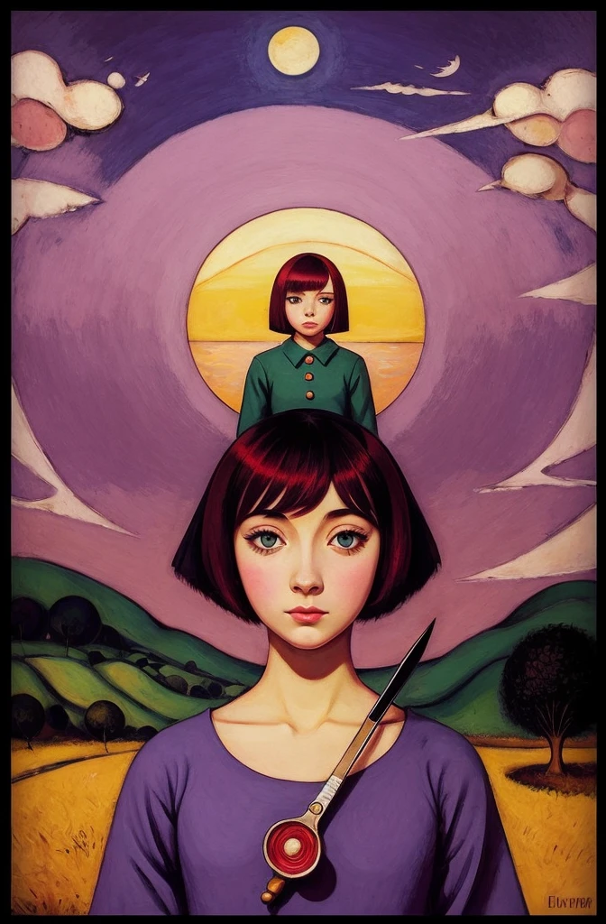 [[(front full portrait:1girl (solo) with big eyes and a short hair bob), ((Ilya-Kuvshinov style)),comic art [dress ((Marc Chagall style))]):20]/[background:landscape
 Renaissance+Baroque, old canva, (liliac sunset), ((style Hieronymus-Bosch))]/[very colorful,((oil painting palette knife))((masterpiece))]]