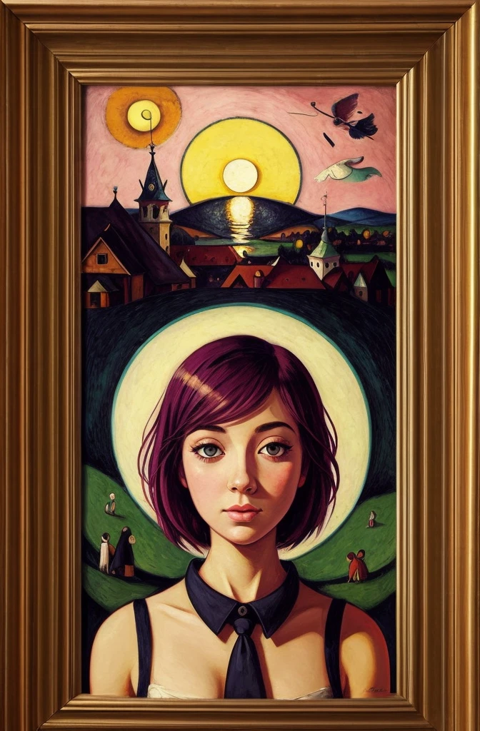 [[(front full portrait:1girl (solo) with big eyes and a short hair bob), ((Ilya-Kuvshinov style)),comic art [dress ((Marc Chagall style))]):20]/[background:landscape
 Renaissance+Baroque, old canva, (liliac sunset), ((style Hieronymus-Bosch))]/[very colorful,((oil painting palette knife))((masterpiece))]]