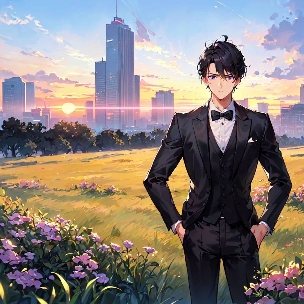 masterpiece,best quality,high quality,(1 male austere handsome solo adult age 30 years old:1.5), purple eyes, cool with suspended eyes, V-shaped eyebrows, body strong and fearless 8.5 head tall, height 185cm, (well-groomed black short hair:1.5), (bangs in three (black suit, black tie and black pants: 1.3), (standing: 1.3), (stylish pose), (cool sad expression: 1.3), (background grassland: 1.3) , (sunset: 1.3) , (upper body:1.3)