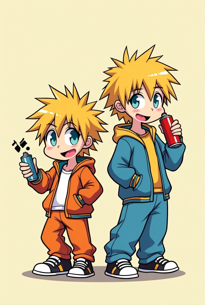 the kagamine brothers from vocaloid cartoon style, dressed in baggy clothes with a cartoon style rapper style: " Ed Edd y Eddie". holding a spray can and a non-elaborate cartoon style