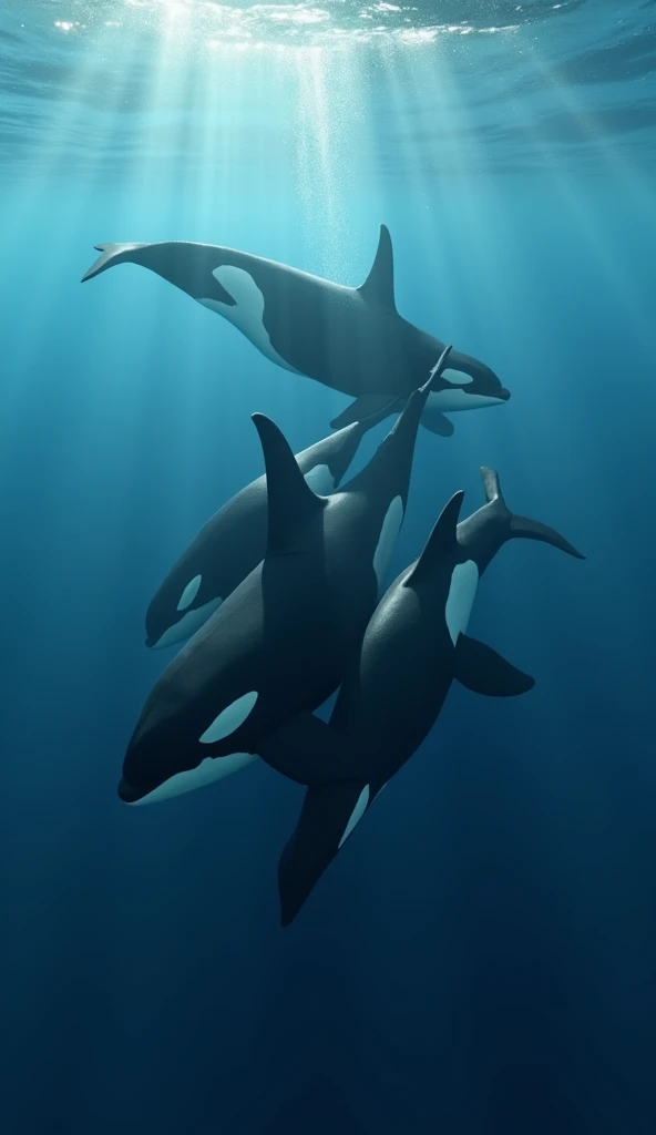 A family of orcas swimming together, modern day, in the ocean, the pod led by a large female orca, the group stays close together displaying strong social bonds, clear blue ocean background, wide shot, hyper-realistic, photo realism, cinematography --ar 9:16.
