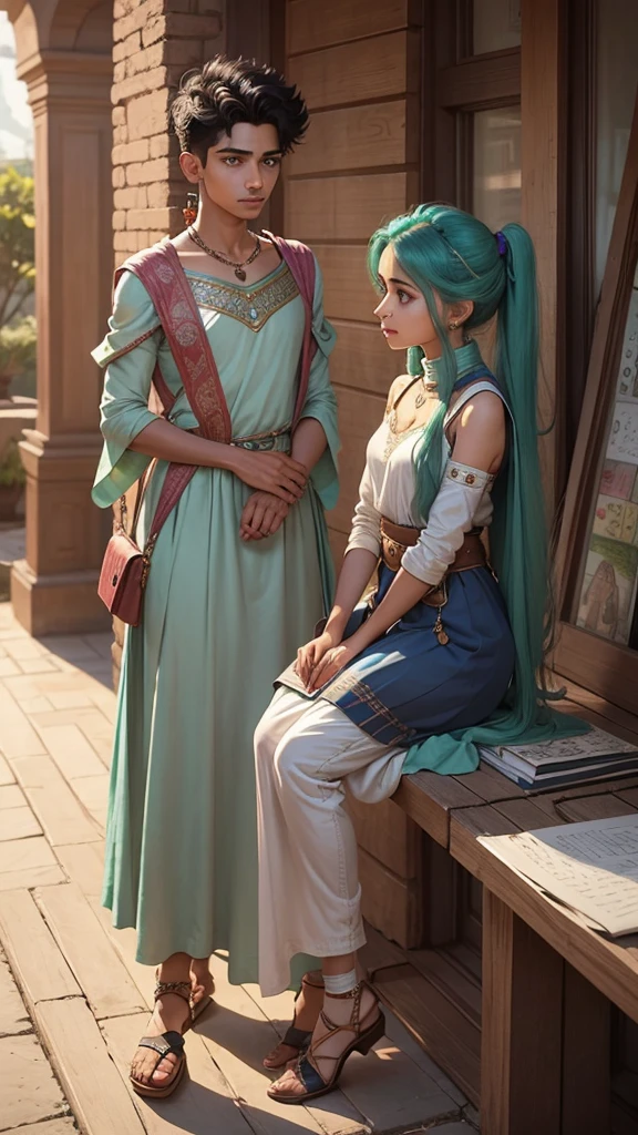 Brown haired girl with bright blue locks, emerald green eyes, dressed in a strong blue tunic on the outside and a dusty lavender tunic on the inside