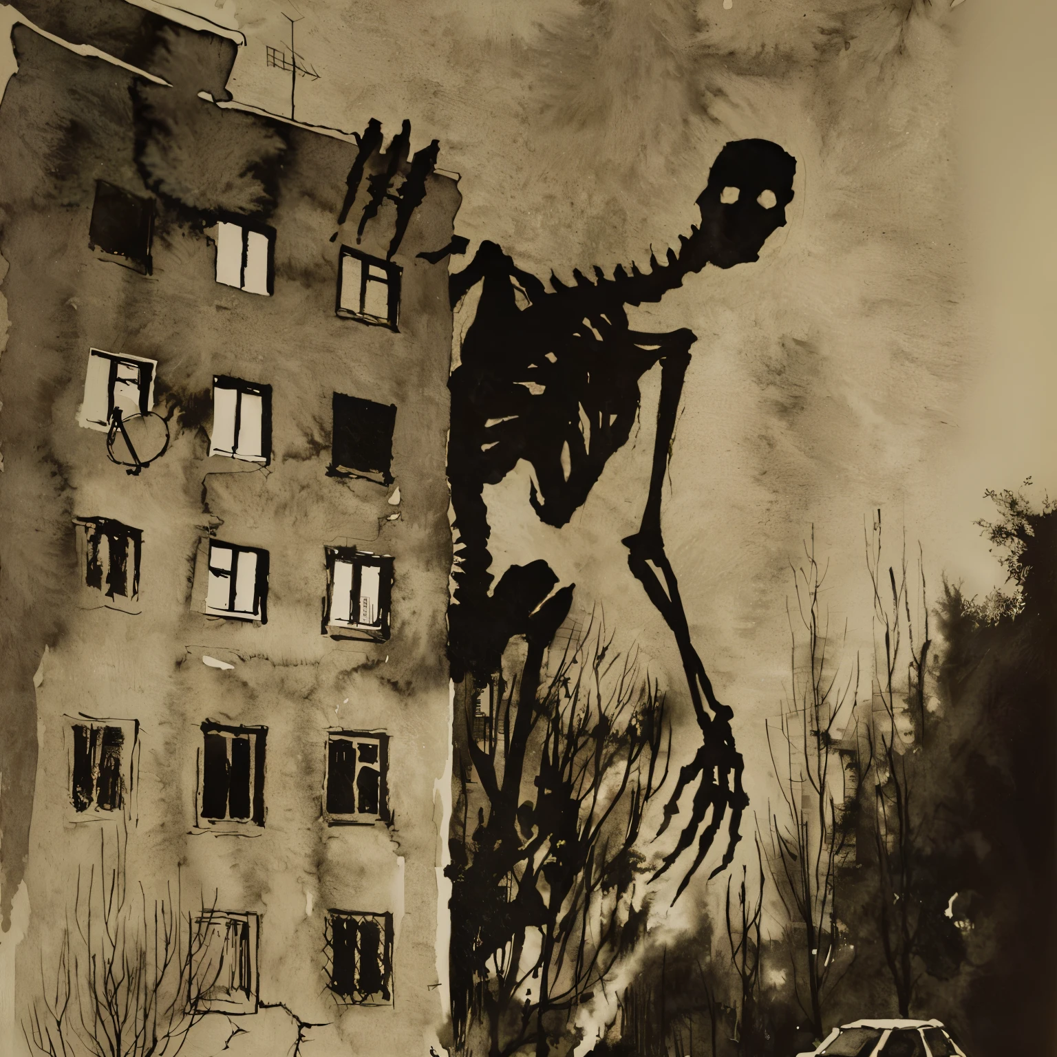 arafed of a skeleton in front of a building, por Petr Brandl, inspired by Alexandre Benois, in the post-apocalypse city, lieutenant Svetlin Velinov, Jacob Rozalski, by Ihor Podolchak, powder Gabor Szikszai, powder Sándor Bihari, Inspired by the drawing of Dechko Uzunov