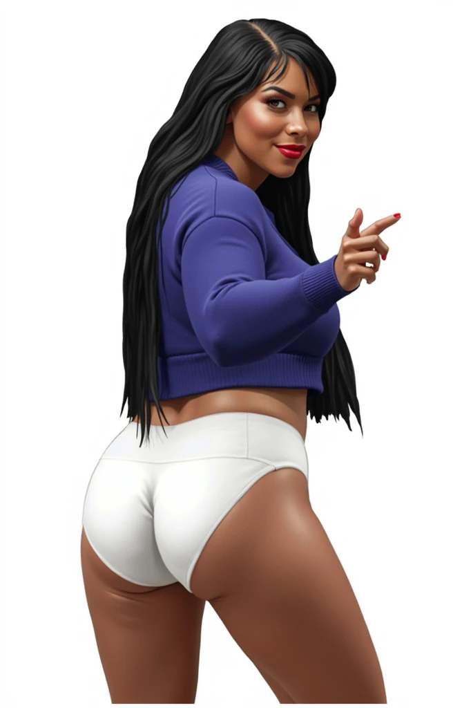 (masterpiece, best quality)), ((((perfect anatomy)))), Heavyset black woman with long black hair, dark eyeshadow, dark red lipstick, blue sweater, (((big white cotton panties))), big booty, smiling, (((comic book art style)))