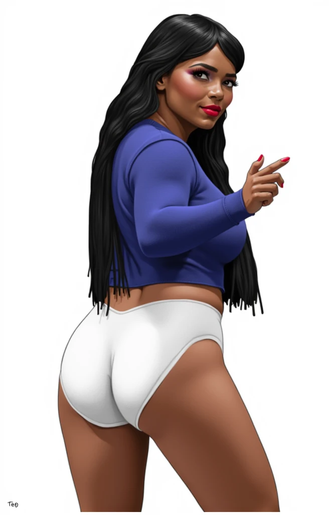 (masterpiece, best quality)), ((((perfect anatomy)))), Heavyset black woman with long black hair, dark eyeshadow, dark red lipstick, blue sweater, (((big white cotton panties))), big booty, smiling, (((comic book art style)))