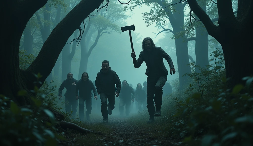 make a haunted forest, extremly scary,dark and somber tones, a group of people in the front of the image running desperately, and in the background a lumberjack holding his axe running after these people, extremely detaild, photoshot_\( ultra\), photoshotrealisitic, realisitic, Post-processing, Maximum details, roughness, real-life, ultrarealisitic, photoshotrealism, photoshotgraphy, 8k hd, photoshotgraphy
