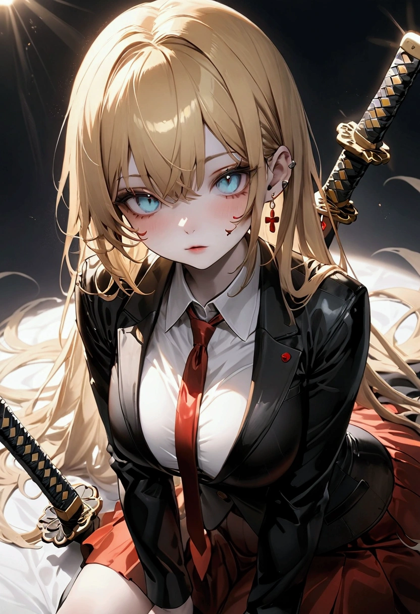 Beautiful, masterpiece, high quality,one girl, dd cup, blonde hair, pale skin, cyan eyes,wears black jacket suit , with white shirt under the jacket, a black gloves, a long black socks,a very long red skirt, and band aid on her cheek , a katana, sharp features